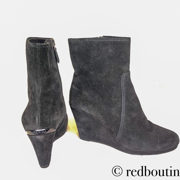 Prada Shoes - Prada black suede wedge boots ankle booties